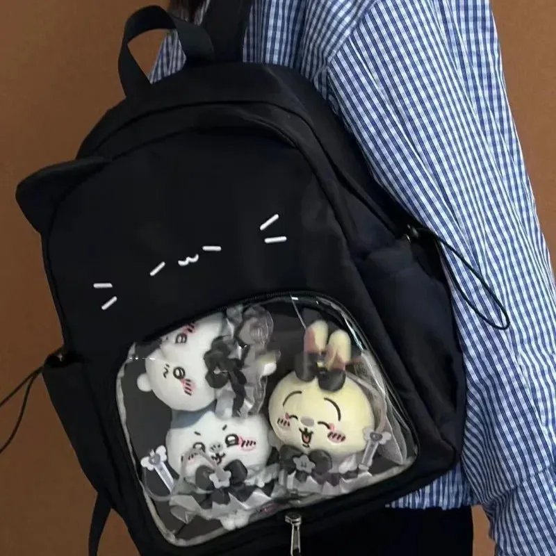 Uakiss Cute Black Womens Backpacks Cat Kawaii Nylon Small Casual Backpacks Harajuku Fashion Transparent Lolita New Female Ita Bag