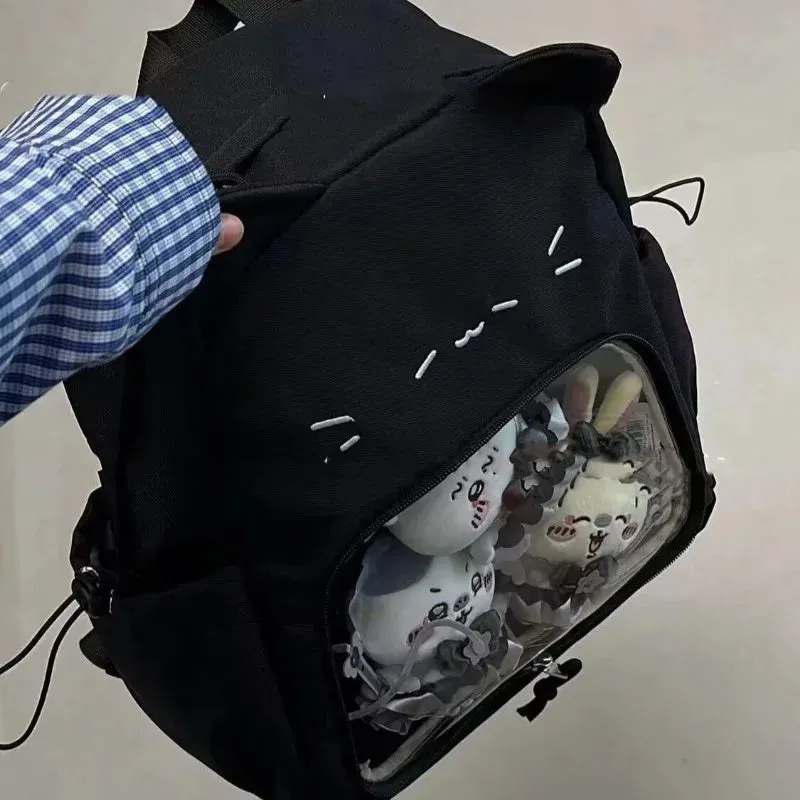 Uakiss Cute Black Womens Backpacks Cat Kawaii Nylon Small Casual Backpacks Harajuku Fashion Transparent Lolita New Female Ita Bag