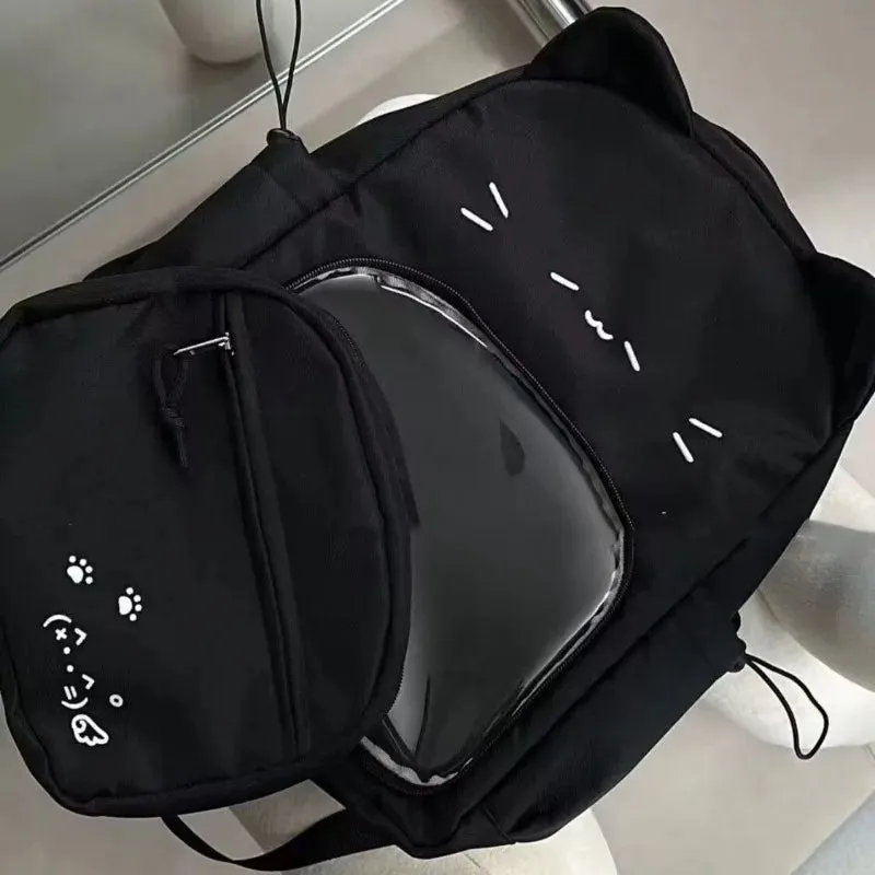 Uakiss Cute Black Womens Backpacks Cat Kawaii Nylon Small Casual Backpacks Harajuku Fashion Transparent Lolita New Female Ita Bag