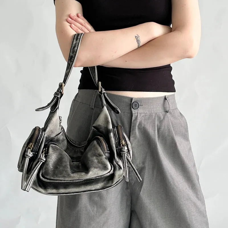 Uakiss Korean Punk Pockets Y2k Aesthetic Shoulder Bags Soft Leather Casual Simple Women's Handbags Vintage All Match Ins Underarm Bag