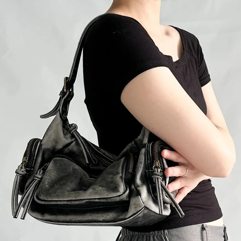 Uakiss Korean Punk Pockets Y2k Aesthetic Shoulder Bags Soft Leather Casual Simple Women's Handbags Vintage All Match Ins Underarm Bag