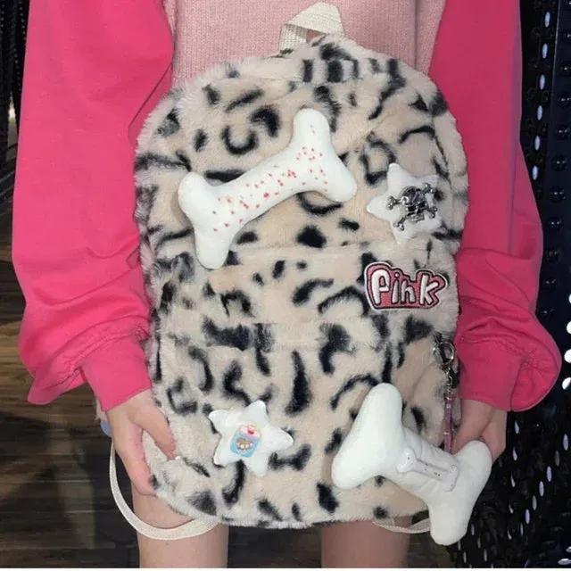 UAKISS  - Leopard Fluffy Y2k Aesthetic Backpacks Sweet High-capacity Harajuku Schoolbag Personality Fashion Japanese Trendy Bags for Women