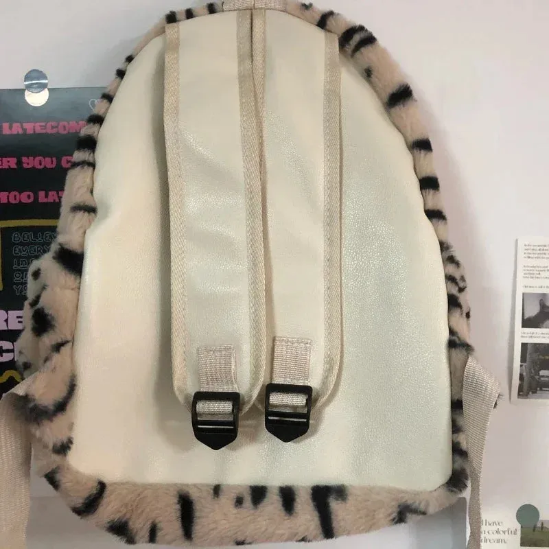 UAKISS  - Leopard Fluffy Y2k Aesthetic Backpacks Sweet High-capacity Harajuku Schoolbag Personality Fashion Japanese Trendy Bags for Women