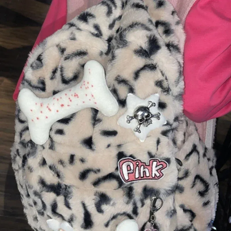 UAKISS  - Leopard Fluffy Y2k Aesthetic Backpacks Sweet High-capacity Harajuku Schoolbag Personality Fashion Japanese Trendy Bags for Women