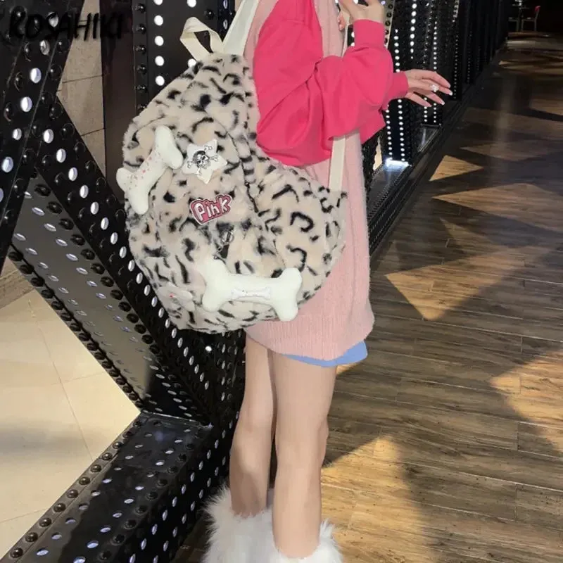 UAKISS  - Leopard Fluffy Y2k Aesthetic Backpacks Sweet High-capacity Harajuku Schoolbag Personality Fashion Japanese Trendy Bags for Women
