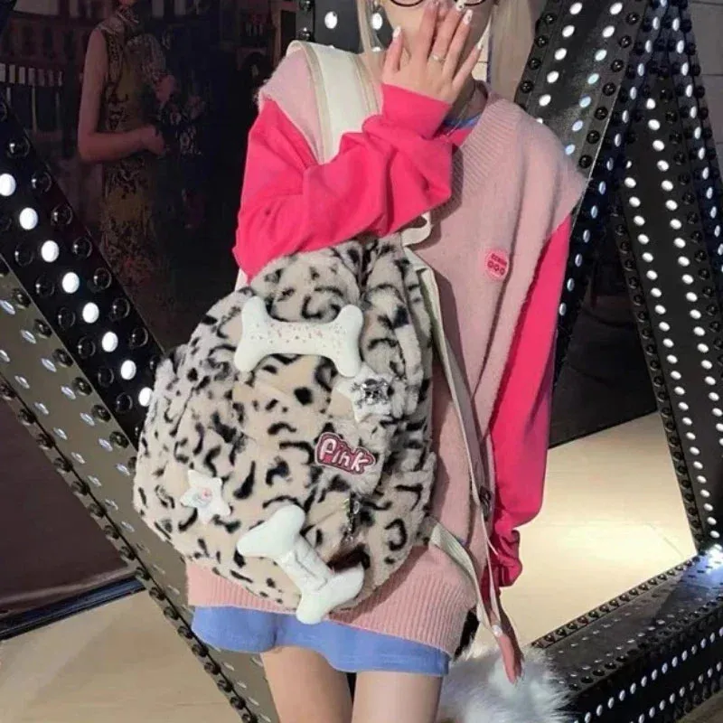 UAKISS  - Leopard Fluffy Y2k Aesthetic Backpacks Sweet High-capacity Harajuku Schoolbag Personality Fashion Japanese Trendy Bags for Women