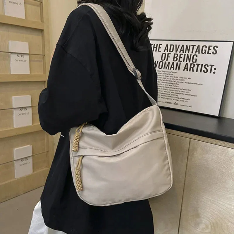 Uakiss Nylon Wheat Zipper Shoulder Bag Women Minimalism Daily Commuter Crossbody Bag Student Class Large Capacity Normcore Tote Bag