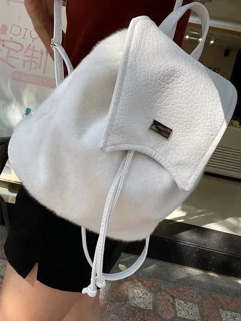 UAKISS  -  Patchwork Fluffy Y2k Aesthetic Leopard Schoolbags Vintage Harajuku Women Rucksack Streetwear Fashion Chic Backpacks for Students