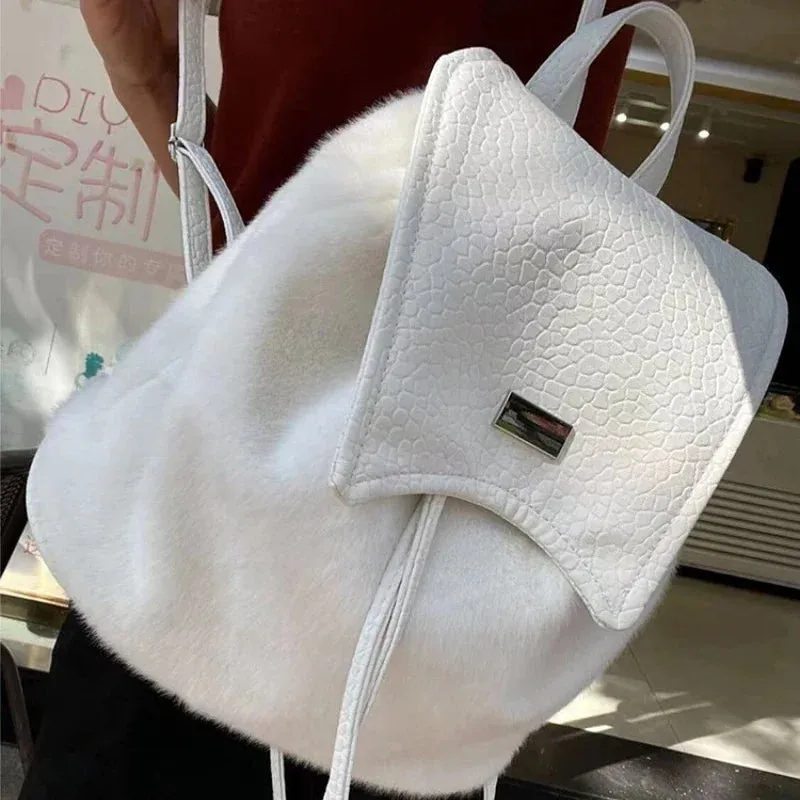 UAKISS  -  Patchwork Fluffy Y2k Aesthetic Leopard Schoolbags Vintage Harajuku Women Rucksack Streetwear Fashion Chic Backpacks for Students