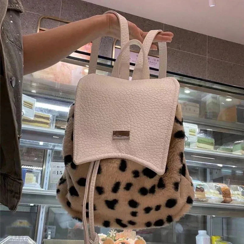 UAKISS  -  Patchwork Fluffy Y2k Aesthetic Leopard Schoolbags Vintage Harajuku Women Rucksack Streetwear Fashion Chic Backpacks for Students