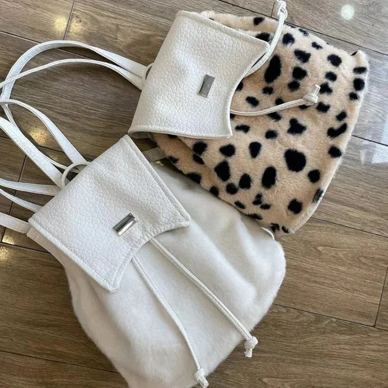 UAKISS  -  Patchwork Fluffy Y2k Aesthetic Leopard Schoolbags Vintage Harajuku Women Rucksack Streetwear Fashion Chic Backpacks for Students
