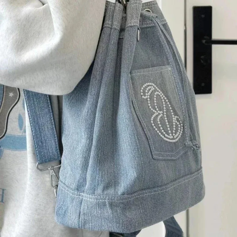 UAKISS  - Shoulder Bags for Women Casual Fashion Beading Denim Students Backpacks All Match Vintage Sweet Y2k Aesthetic Girls Schoolbags