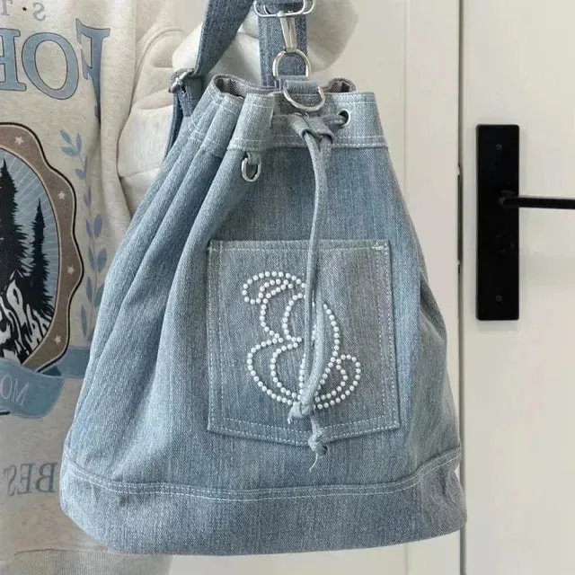 UAKISS  - Shoulder Bags for Women Casual Fashion Beading Denim Students Backpacks All Match Vintage Sweet Y2k Aesthetic Girls Schoolbags