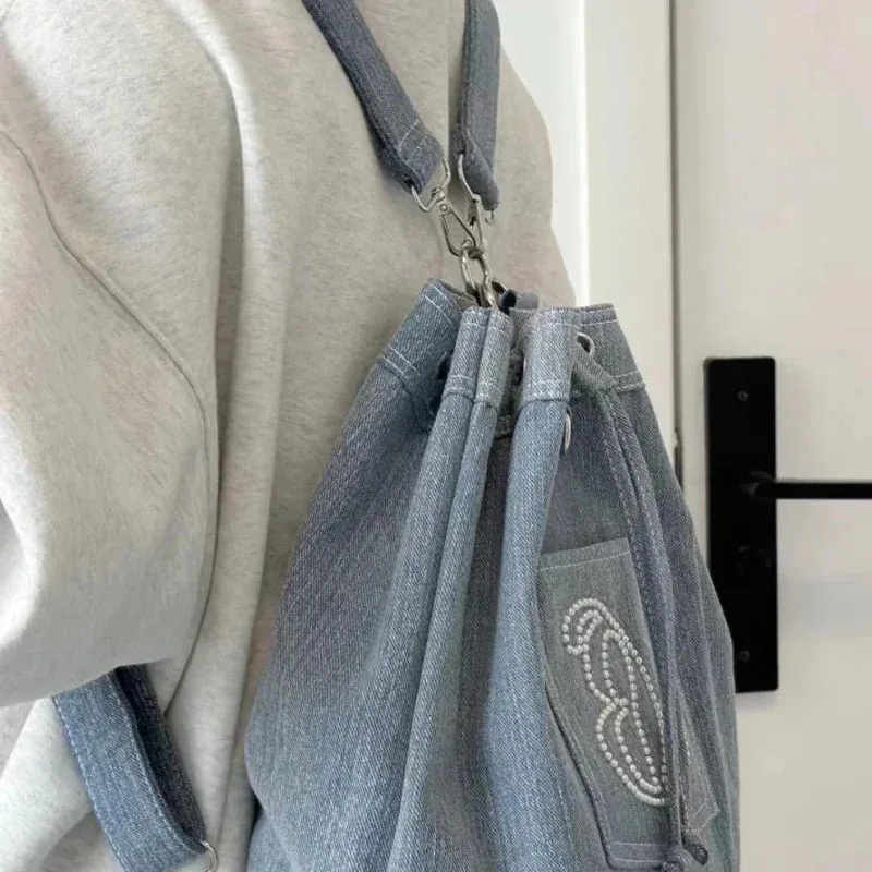 UAKISS  - Shoulder Bags for Women Casual Fashion Beading Denim Students Backpacks All Match Vintage Sweet Y2k Aesthetic Girls Schoolbags