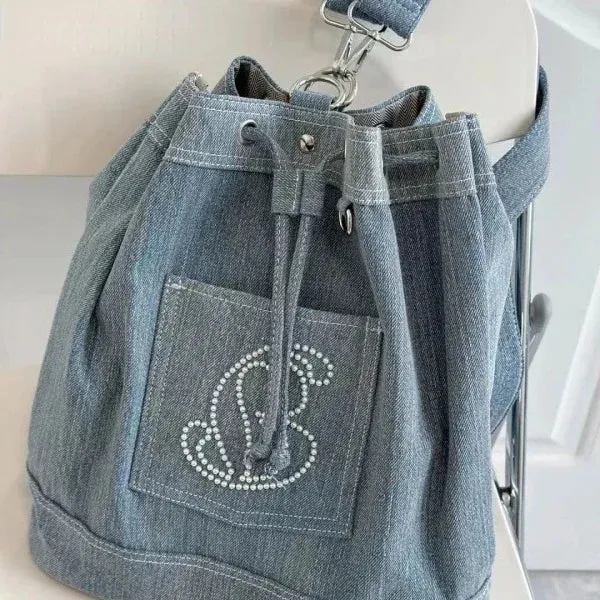 UAKISS  - Shoulder Bags for Women Casual Fashion Beading Denim Students Backpacks All Match Vintage Sweet Y2k Aesthetic Girls Schoolbags