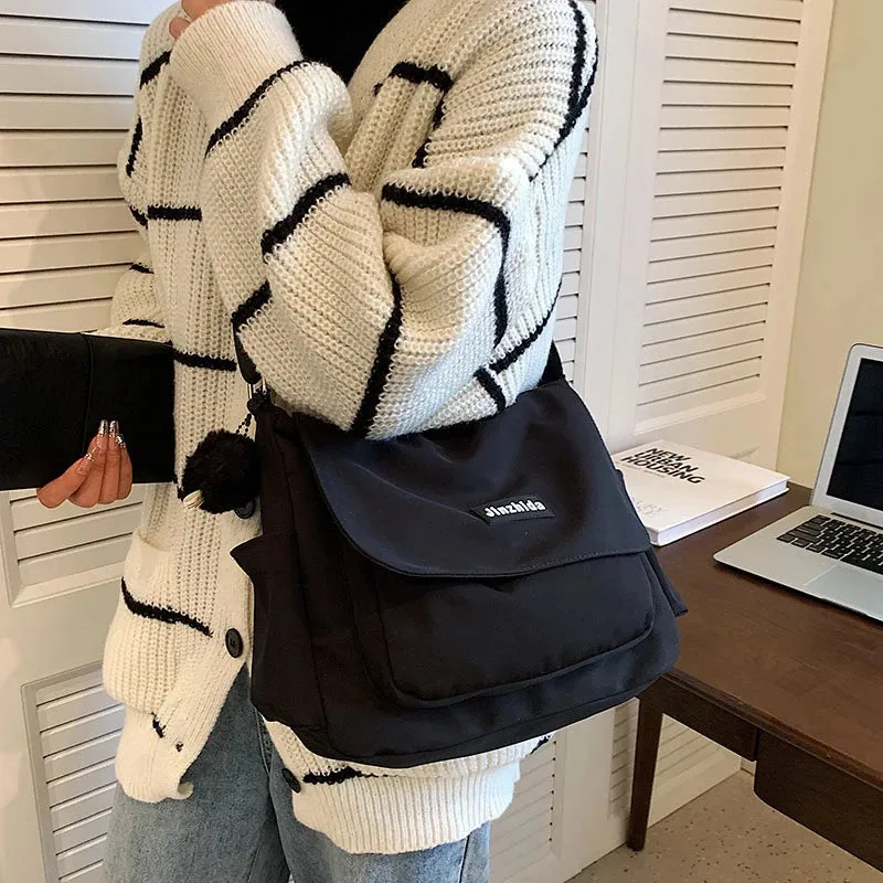 UAKISS  - Simple School Student Shoulder Bag Nylon Handbags Solid Color Leisure Large Capacity Messenger Bag Male Female Tote Bag Satchels