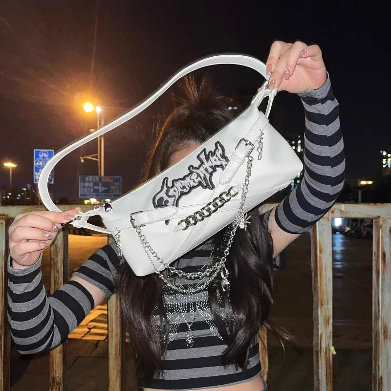 Uakiss Streetwear Women Punk Chain Handbags Luxury Design Y2k Aesthetic Casual Underarm Bag Fashion Ins Harajuku Shoulder Bags Trendy