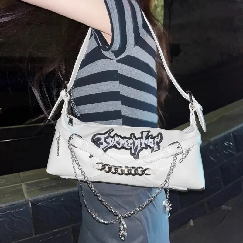 Uakiss Streetwear Women Punk Chain Handbags Luxury Design Y2k Aesthetic Casual Underarm Bag Fashion Ins Harajuku Shoulder Bags Trendy