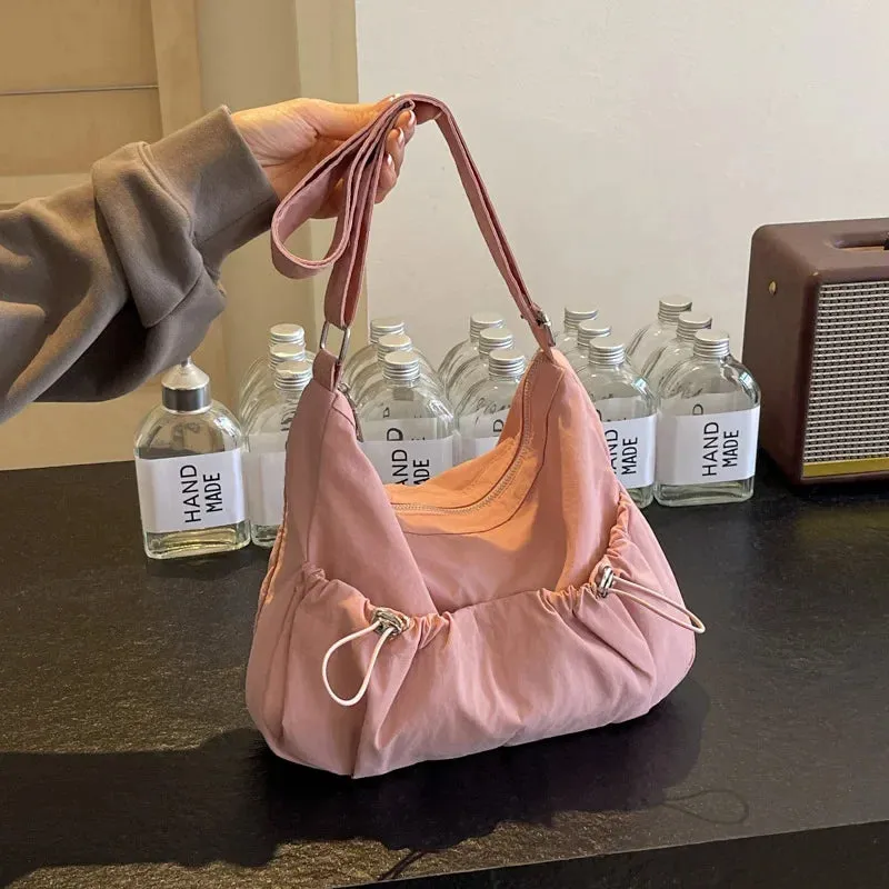 Uakiss Women Solid Color Ruched Shoulder Bag Large Capacity Japan Style Student Casual Crossbody Bag Large Capacity Messenger Bag
