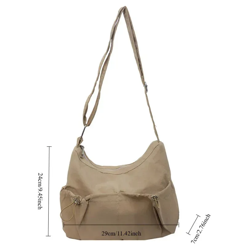 Uakiss Women Solid Color Ruched Shoulder Bag Large Capacity Japan Style Student Casual Crossbody Bag Large Capacity Messenger Bag