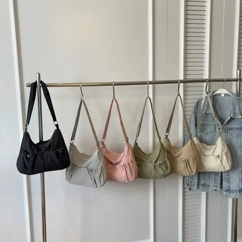 Uakiss Women Solid Color Ruched Shoulder Bag Large Capacity Japan Style Student Casual Crossbody Bag Large Capacity Messenger Bag
