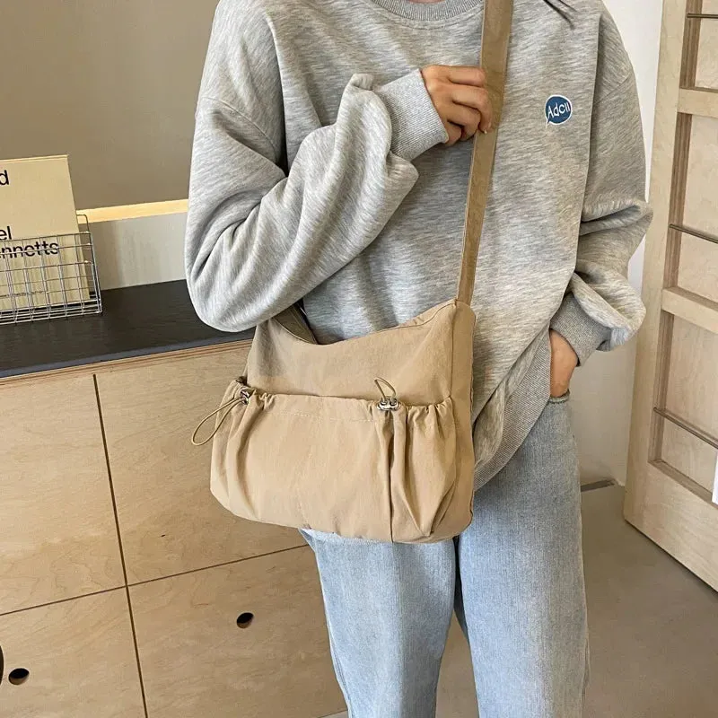 Uakiss Women Solid Color Ruched Shoulder Bag Large Capacity Japan Style Student Casual Crossbody Bag Large Capacity Messenger Bag