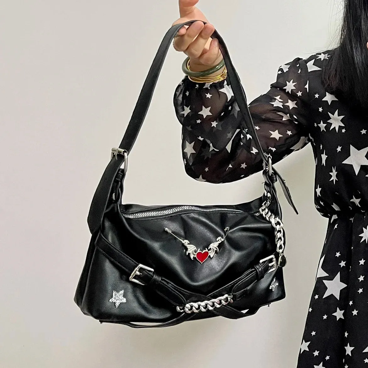 Uakiss Y2k Aesthetic Purses and Handbags Vintage Heart Punk Star Diamond Chain Shoulder Bag Fashion All Match Streetwear Crossbody Bags