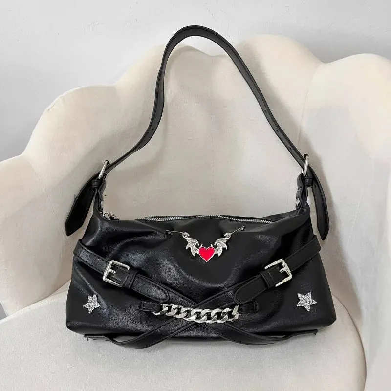 Uakiss Y2k Aesthetic Purses and Handbags Vintage Heart Punk Star Diamond Chain Shoulder Bag Fashion All Match Streetwear Crossbody Bags