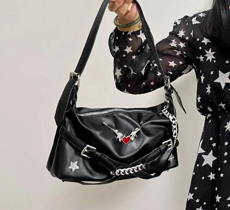 Uakiss Y2k Aesthetic Purses and Handbags Vintage Heart Punk Star Diamond Chain Shoulder Bag Fashion All Match Streetwear Crossbody Bags