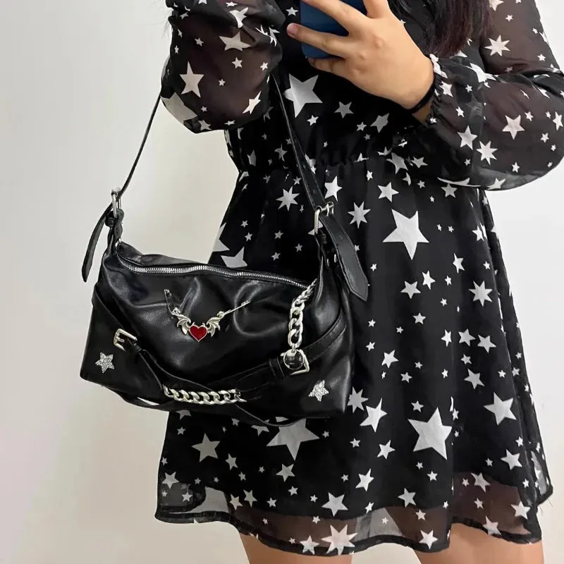 Uakiss Y2k Aesthetic Purses and Handbags Vintage Heart Punk Star Diamond Chain Shoulder Bag Fashion All Match Streetwear Crossbody Bags