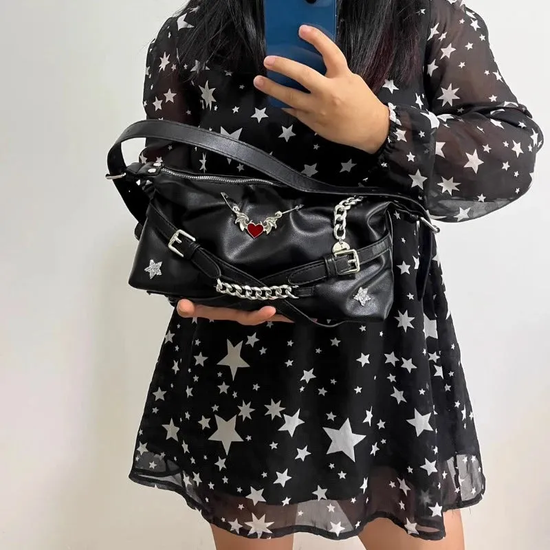 Uakiss Y2k Aesthetic Purses and Handbags Vintage Heart Punk Star Diamond Chain Shoulder Bag Fashion All Match Streetwear Crossbody Bags