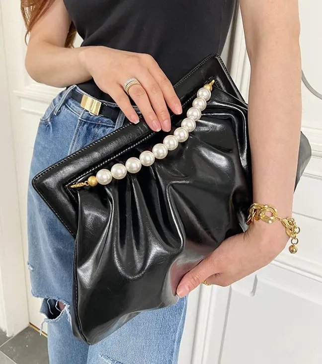 Vvsha Fashion Folds women Clutches Pearl chain design Lady Handbag Python Banquet Envelope Evening Bag Ladies Clutch Purses bolsas