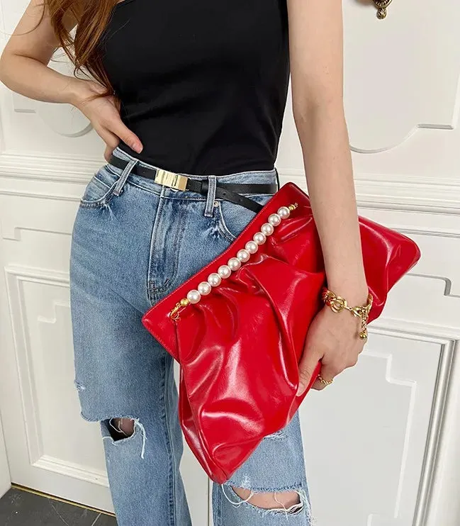 Vvsha Fashion Folds women Clutches Pearl chain design Lady Handbag Python Banquet Envelope Evening Bag Ladies Clutch Purses bolsas