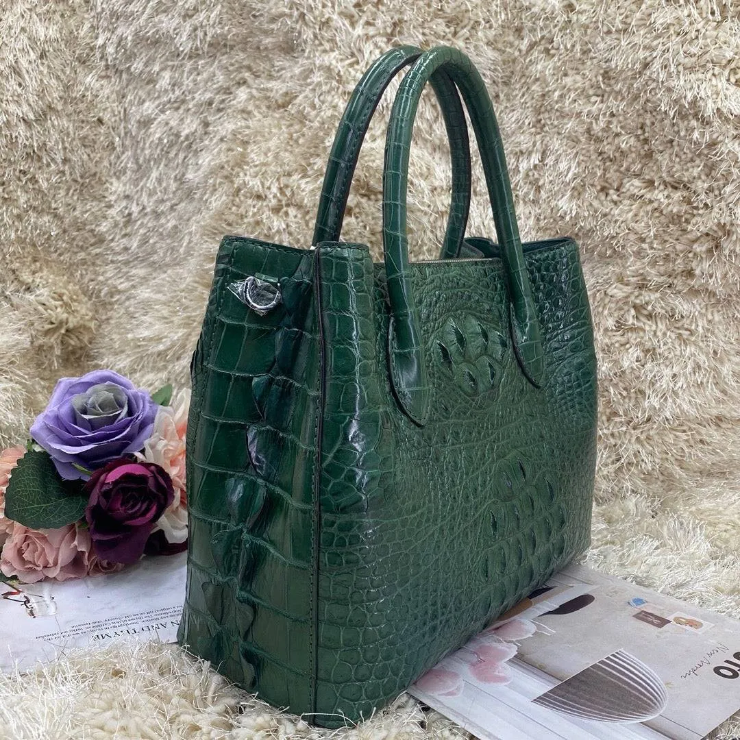 Womens Crocodile  Skin  Leather Satchel Bag 30cm Dark Green