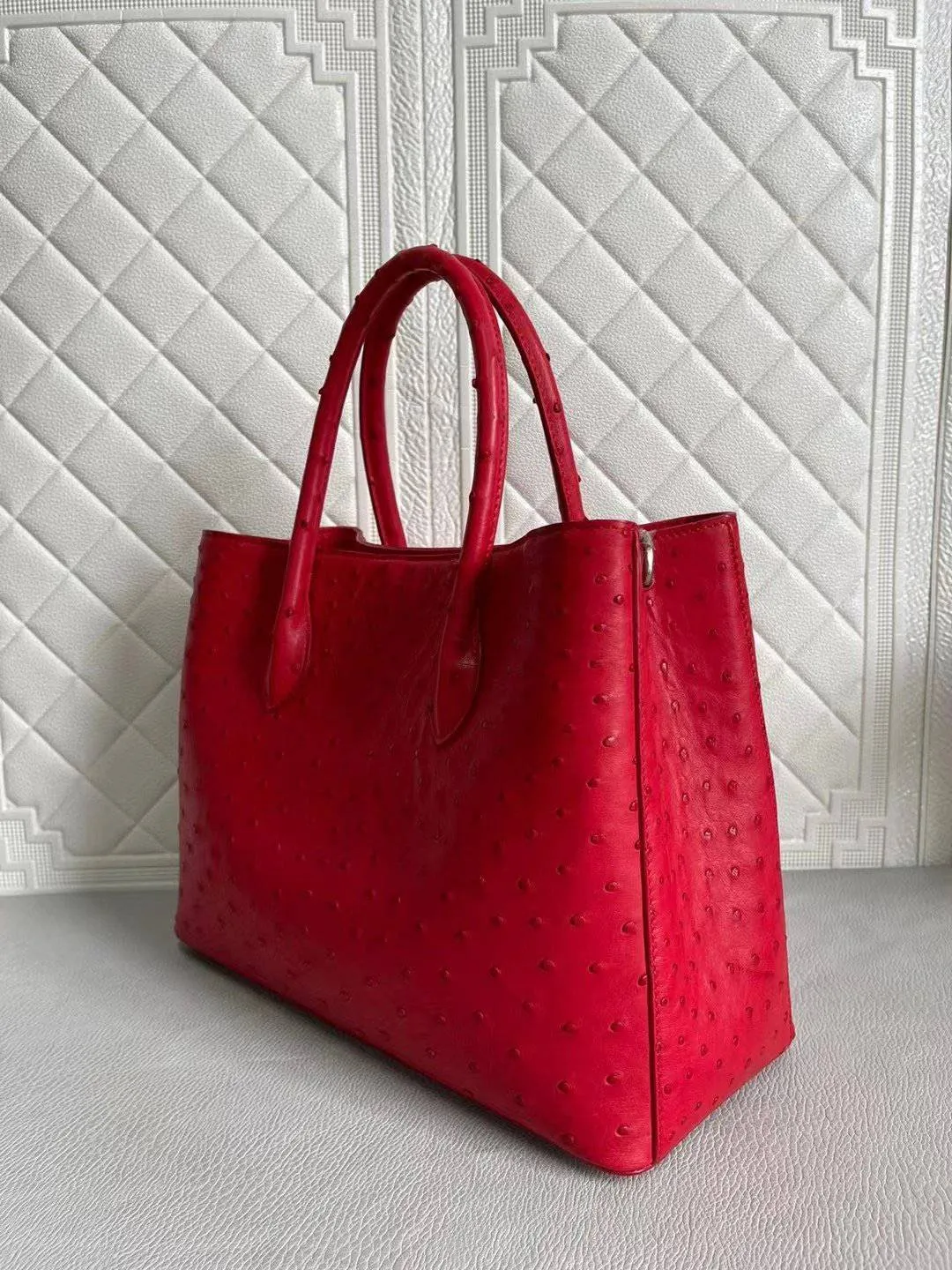 Womens Ostrich Leather Top Handle Shoulder Cross Body Bags Red 33cm