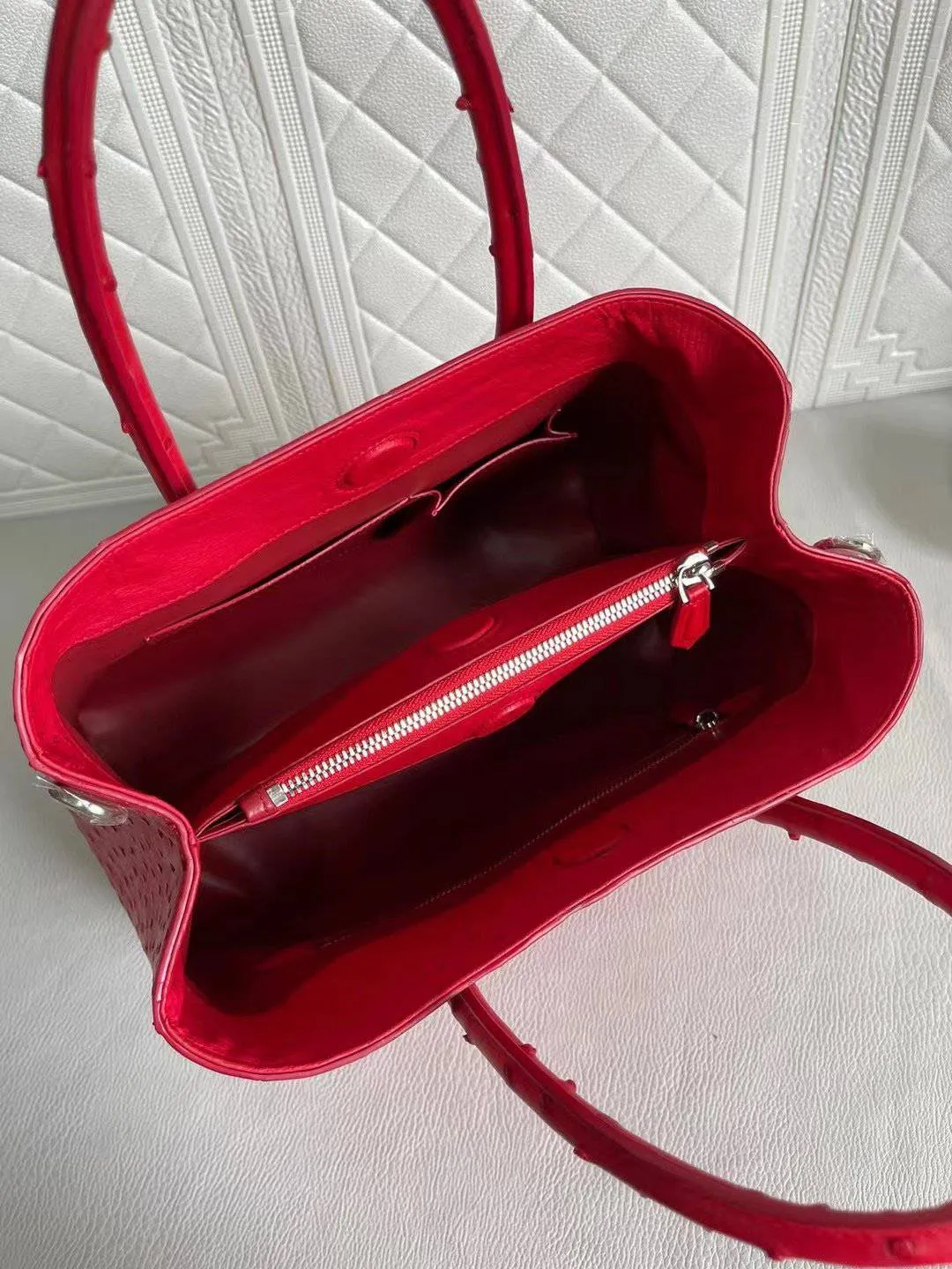 Womens Ostrich Leather Top Handle Shoulder Cross Body Bags Red 33cm