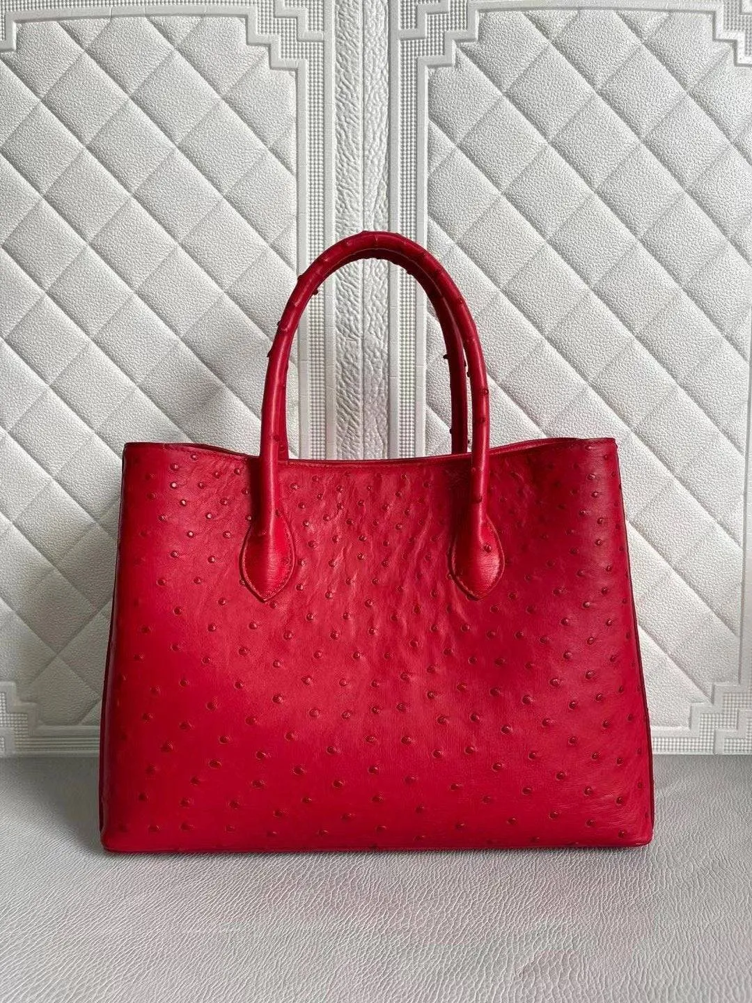Womens Ostrich Leather Top Handle Shoulder Cross Body Bags Red 33cm